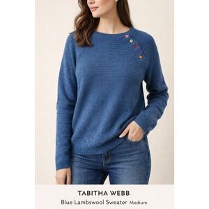Tabitha Webb Blue Lambswool Sweater Medium Crewneck Button Shoulder Knit